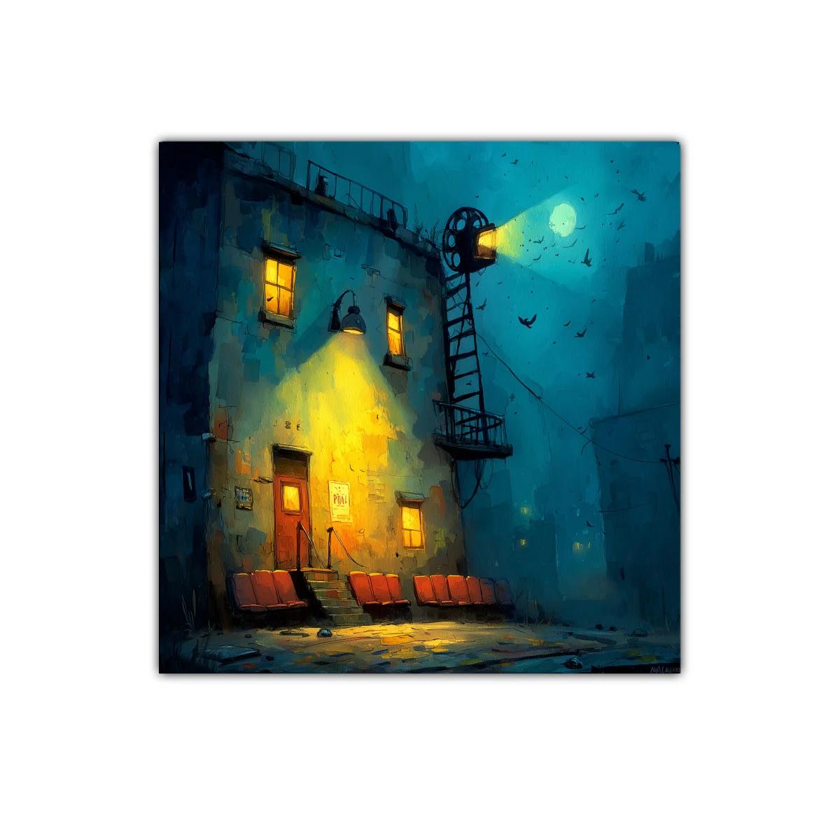 Fachada iluminada de cine al anochecer con asientos rojos — imagen principal