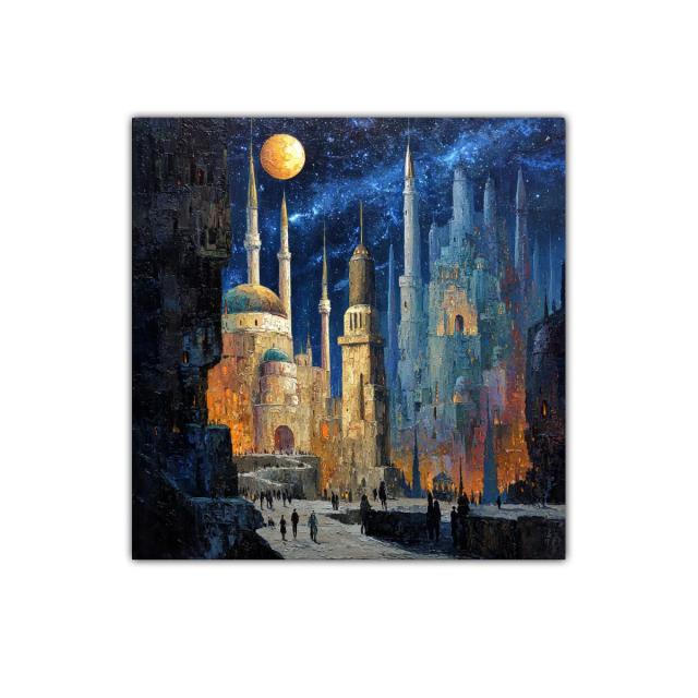 Paisaje urbano nocturno con luna brillante y edificios antiguos