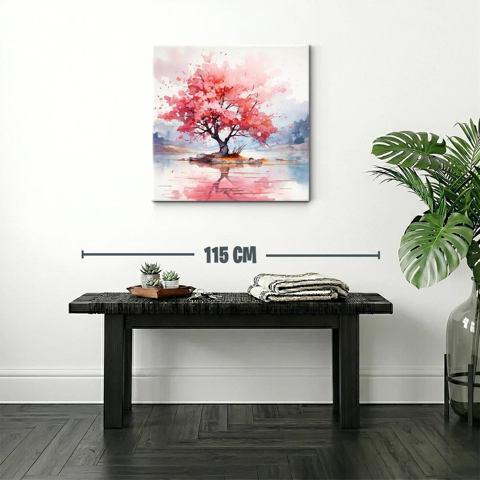 Árbol en flor rosa con reflejo en agua tranquila — miniatura 2