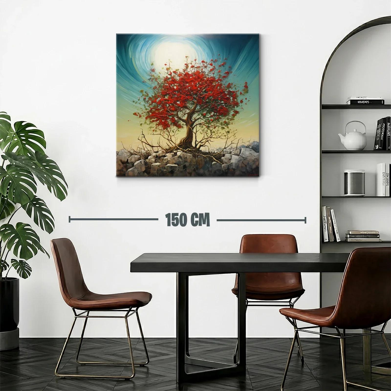 Árbol rojo vibrante sobre rocas con cielo luminoso — miniatura 2