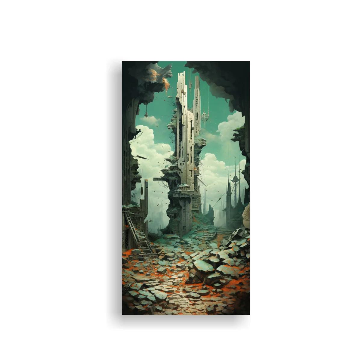 Cuadro torre futurista en ruinas con cielo nublado — imagen principal