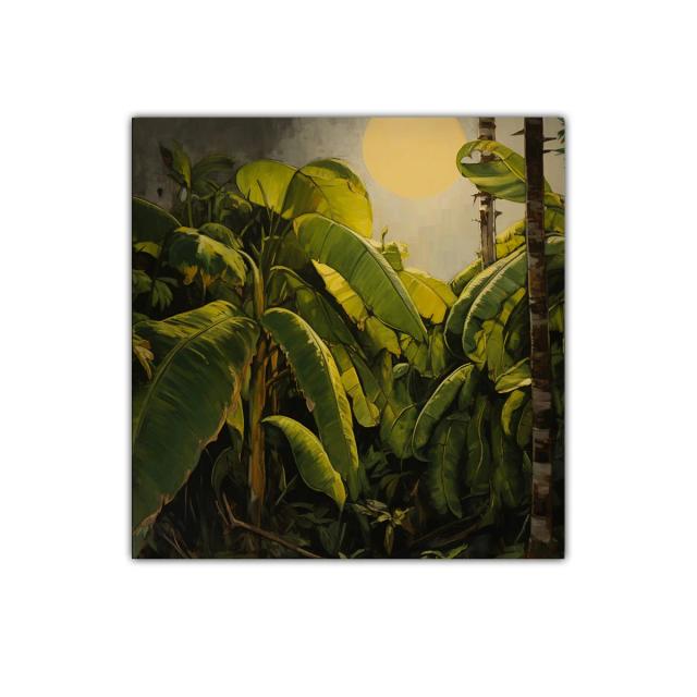Cuadro tropical con hojas de plátano y sol radiante