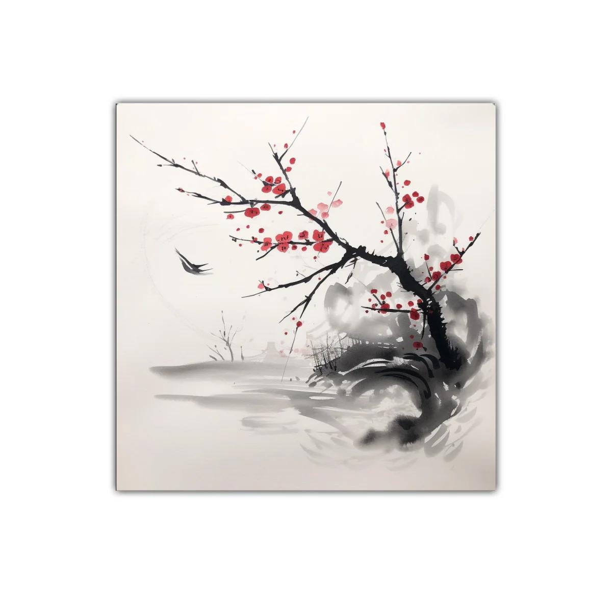 Cuadro decorativo con rama y flores rojas minimalista