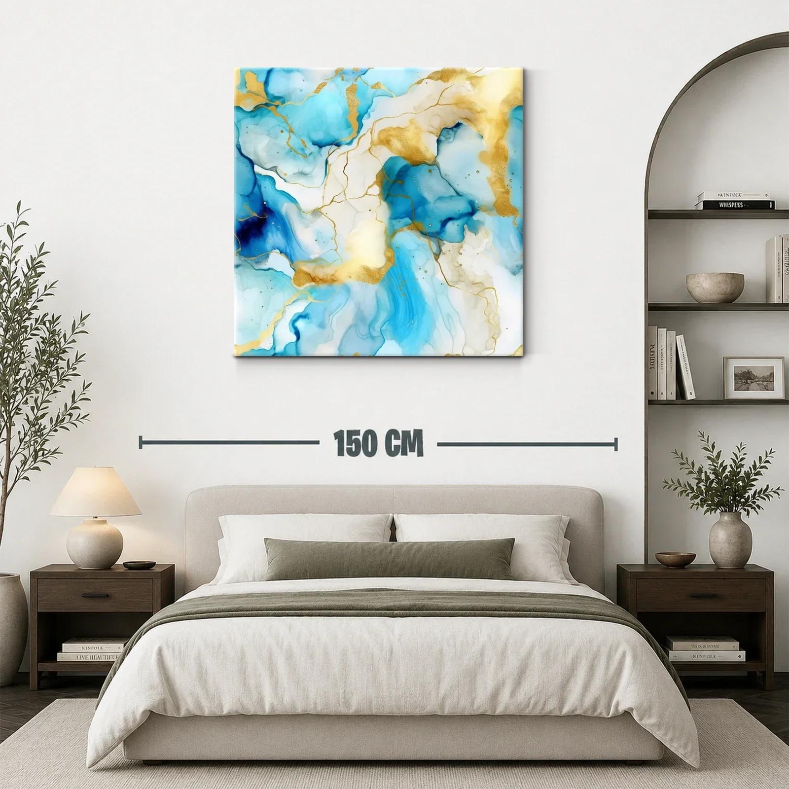 Cuadro abstracto azul y dorado con diseño fluido elegante — miniatura 3