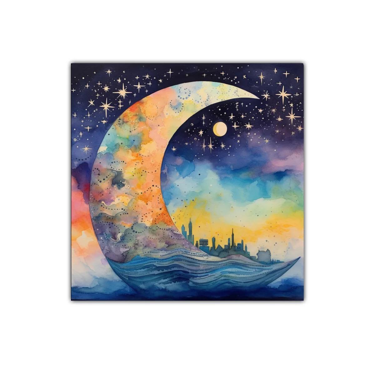 Luna multicolor con ciudad y estrella fugaz en cielo nocturno — imagen principal