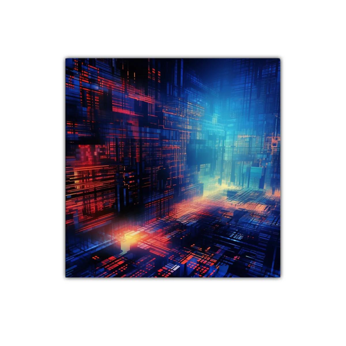 Ciudad futurista iluminada con líneas digitales y luces cálidas