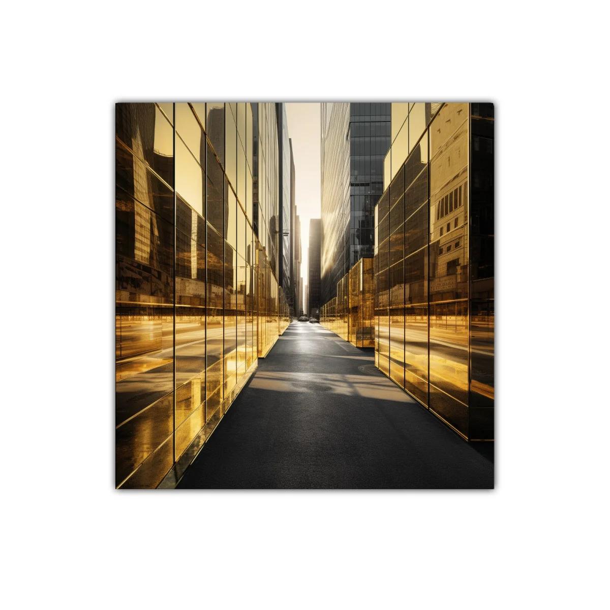 Reflejos dorados en pasaje urbano moderno — imagen principal
