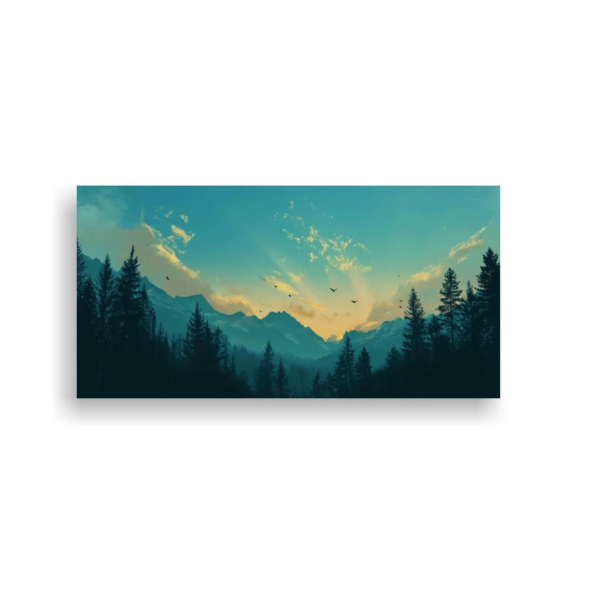 Cuadro paisaje de montañas al amanecer con bosque oscuro