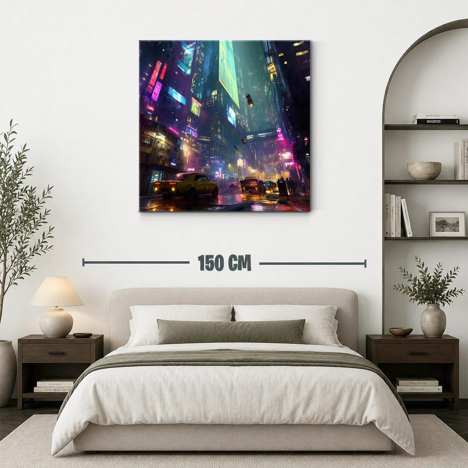 Ciudad futurista nocturna con luces de neón y tráfico urbano — miniatura 3