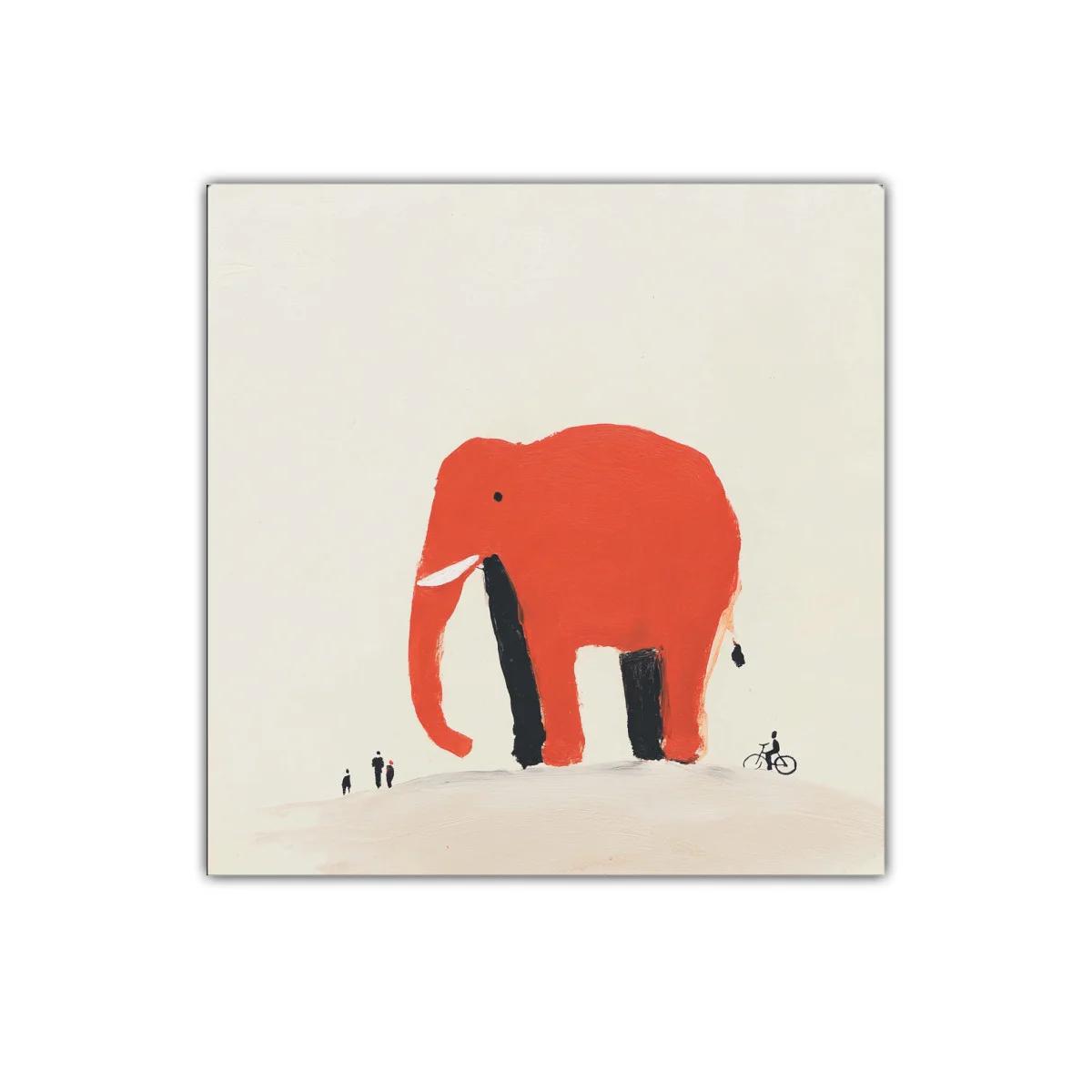 Elefante rojo sobre colina con figuras pequeñas