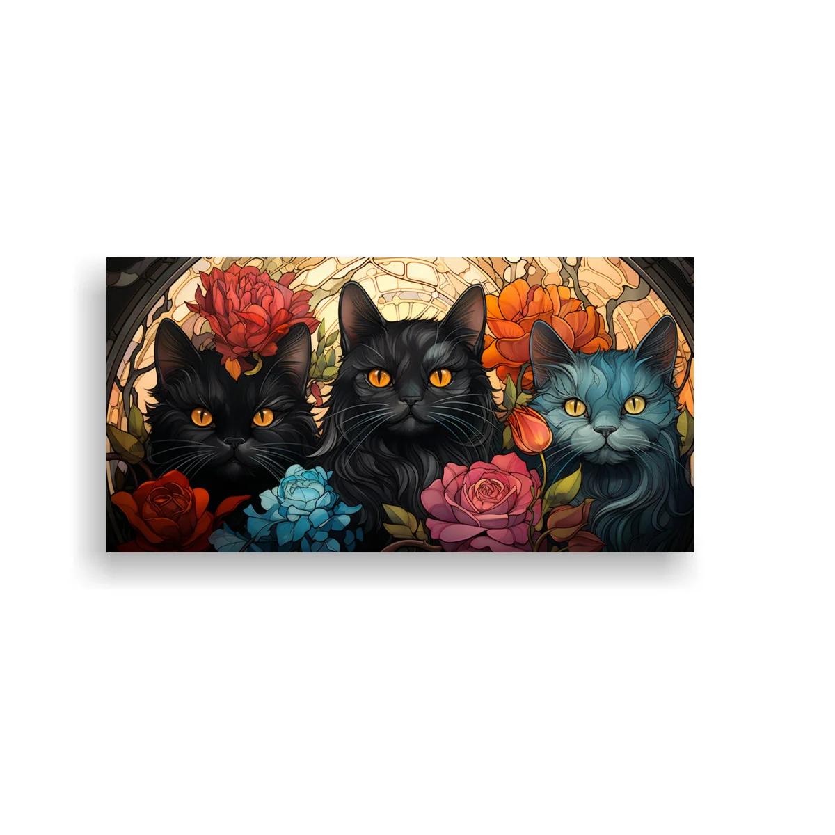 Cuadro tres gatos entre flores sobre fondo circular tipo vitral