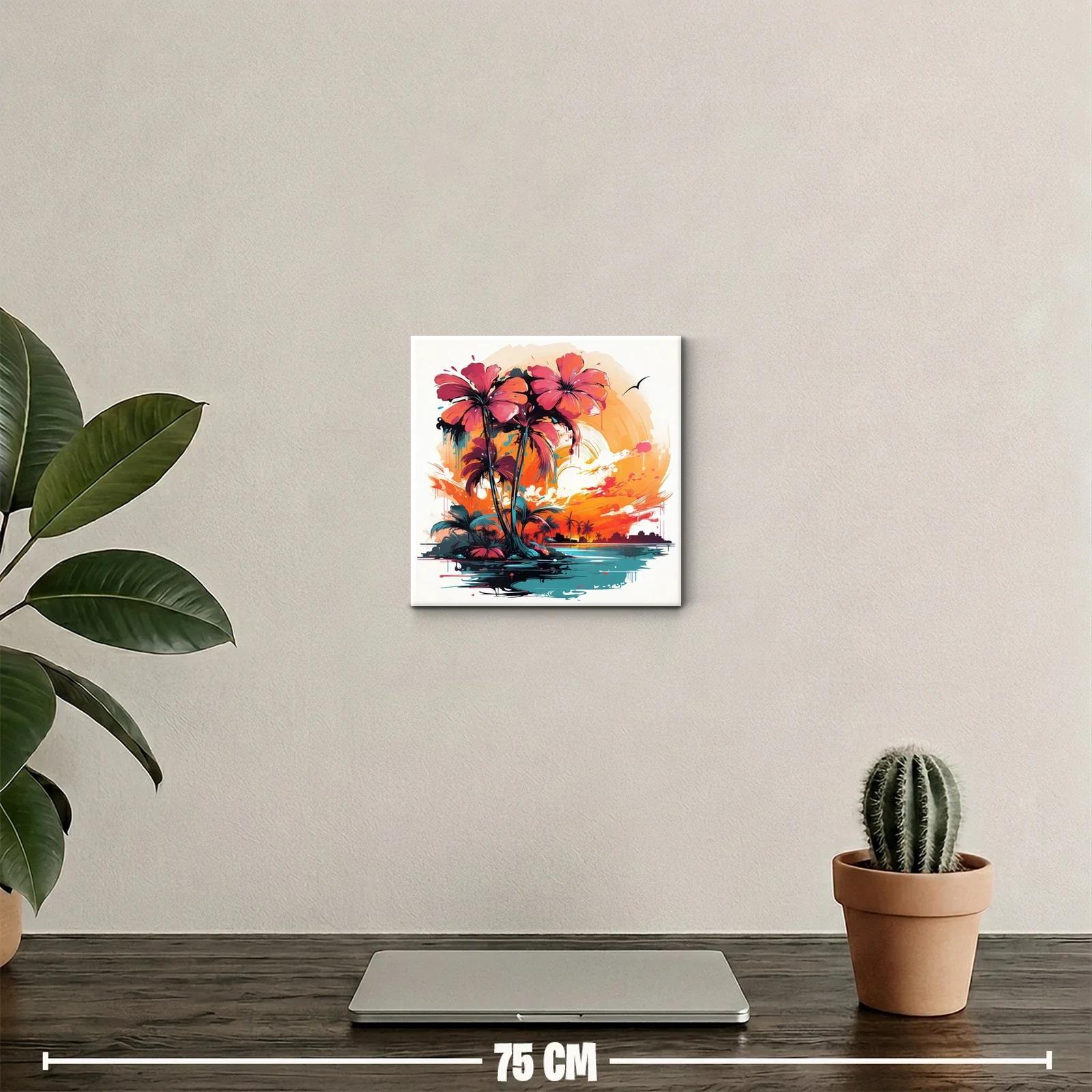 Atardecer tropical con palmeras vibrantes y horizonte urbano — miniatura 2