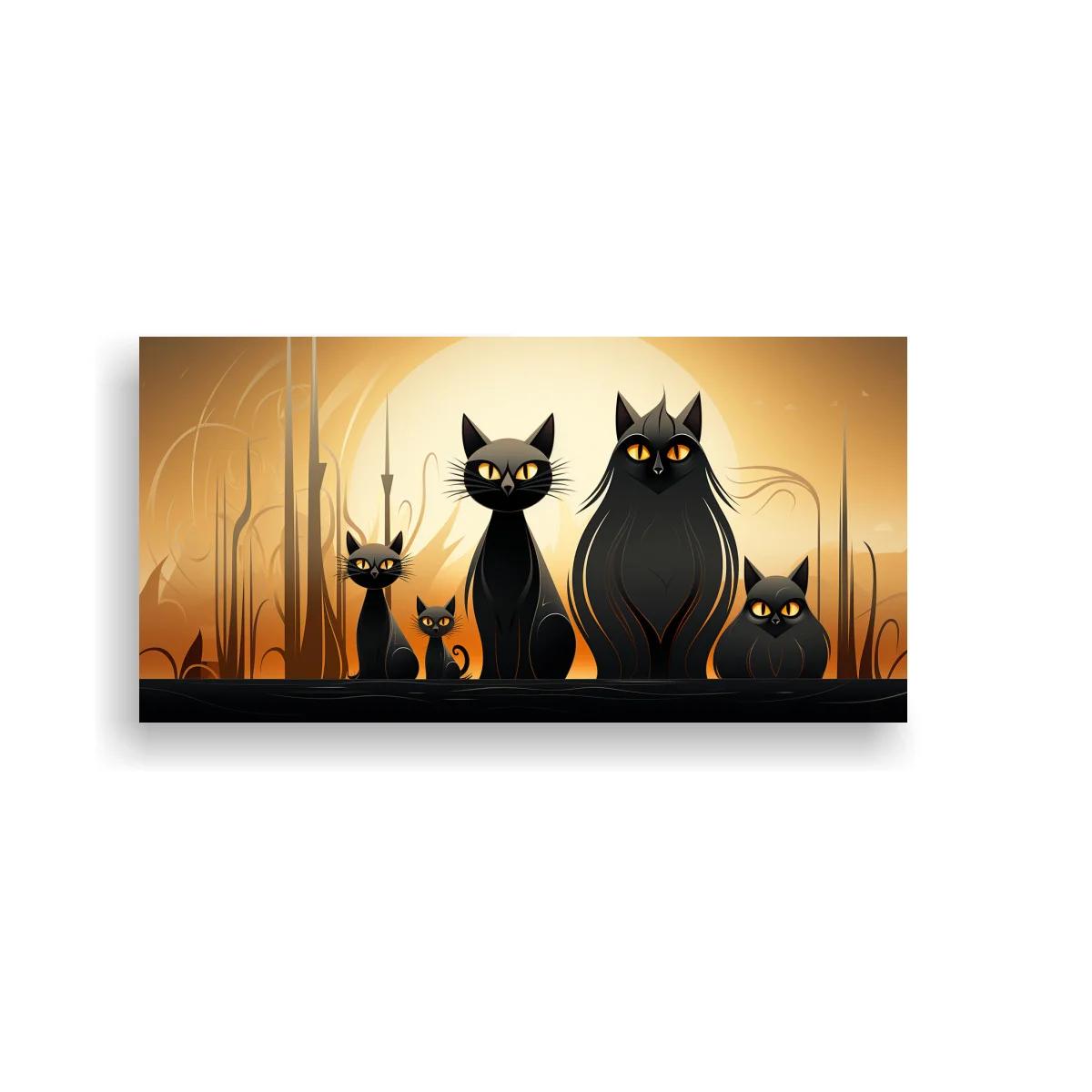Cuadro gatos negros con fondo brillante y vegetación vertical