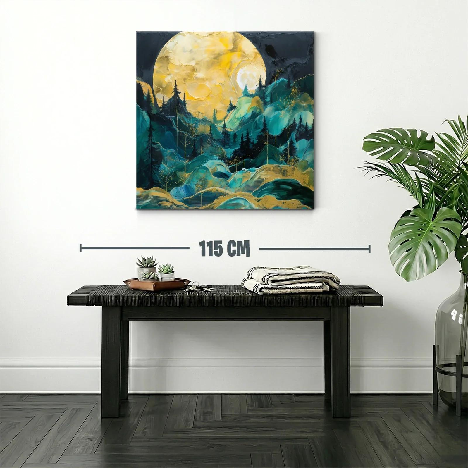 Paisaje Nocturno con Luna y Bosque en Tonos Dorados y Verdes — miniatura 2