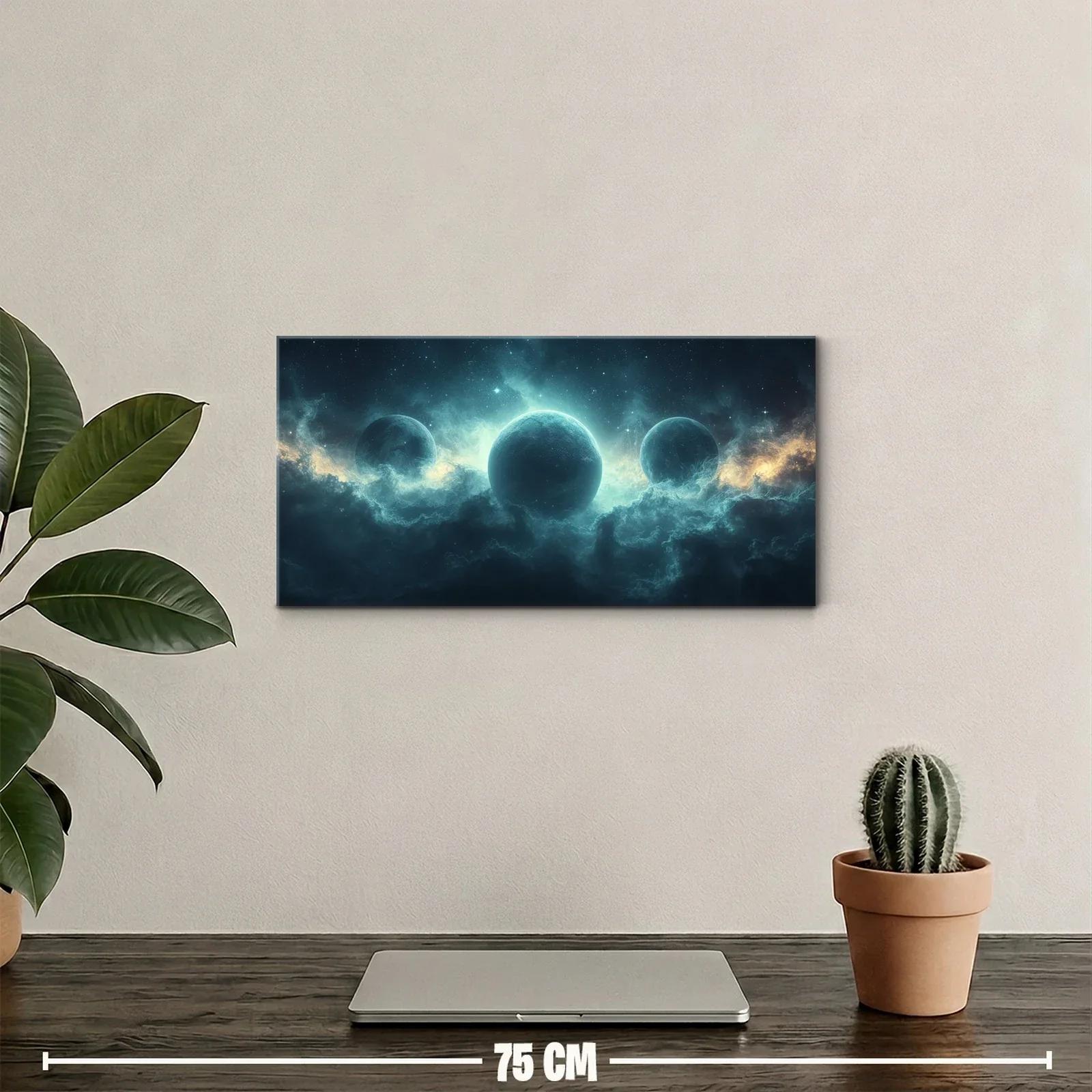 Cuadro planetas alineados con brillo turquesa — miniatura 2