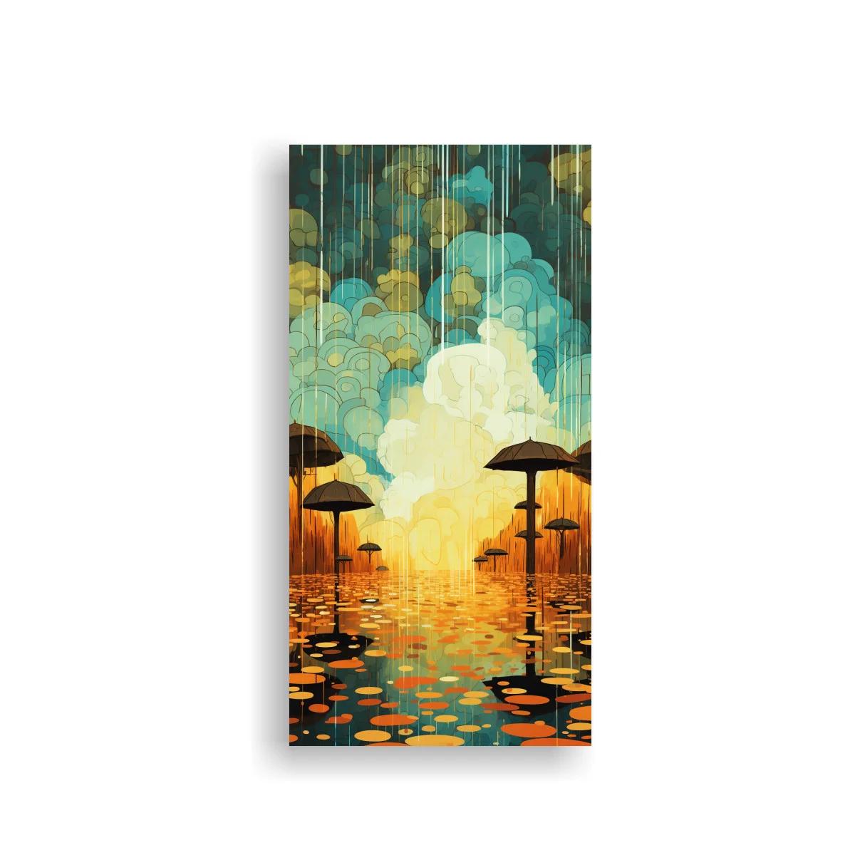 Cuadro sombrillas sobre el agua al atardecer con reflejos dorados