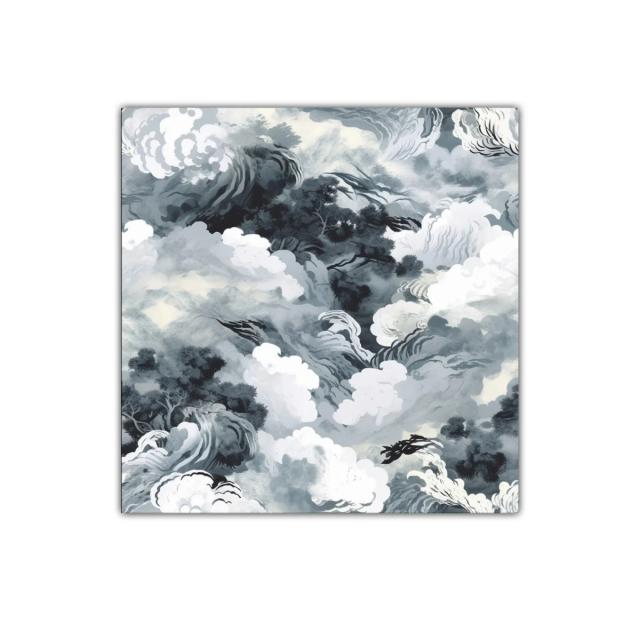 Cuadro abstracto con formas de nubes y árboles en tonos grises