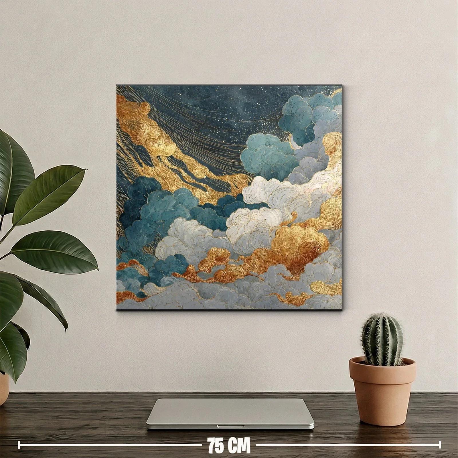 Cuadro abstracto de nubes doradas y azules con estrellas — miniatura 2