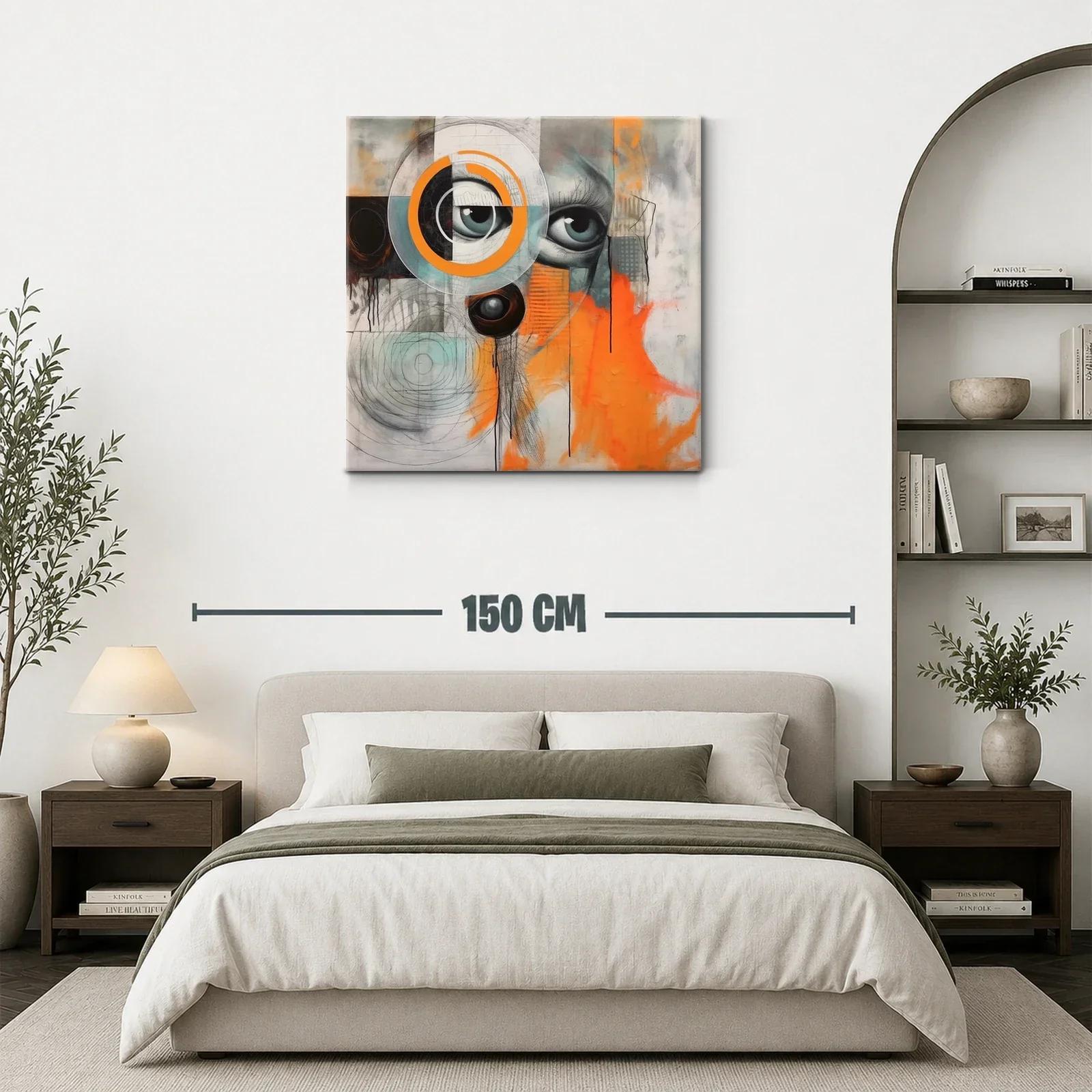Cuadro abstracto con ojos y detalles geométricos en tonos vibrantes — miniatura 3