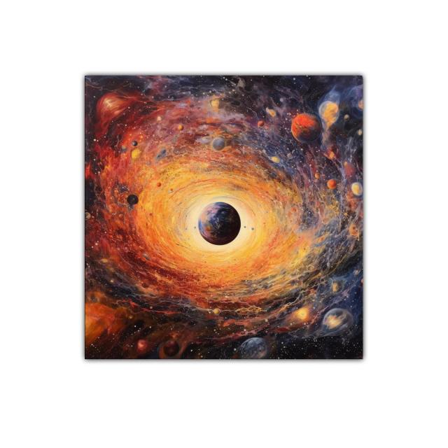 Galaxia luminosa con explosión de planetas y colores vibrantes