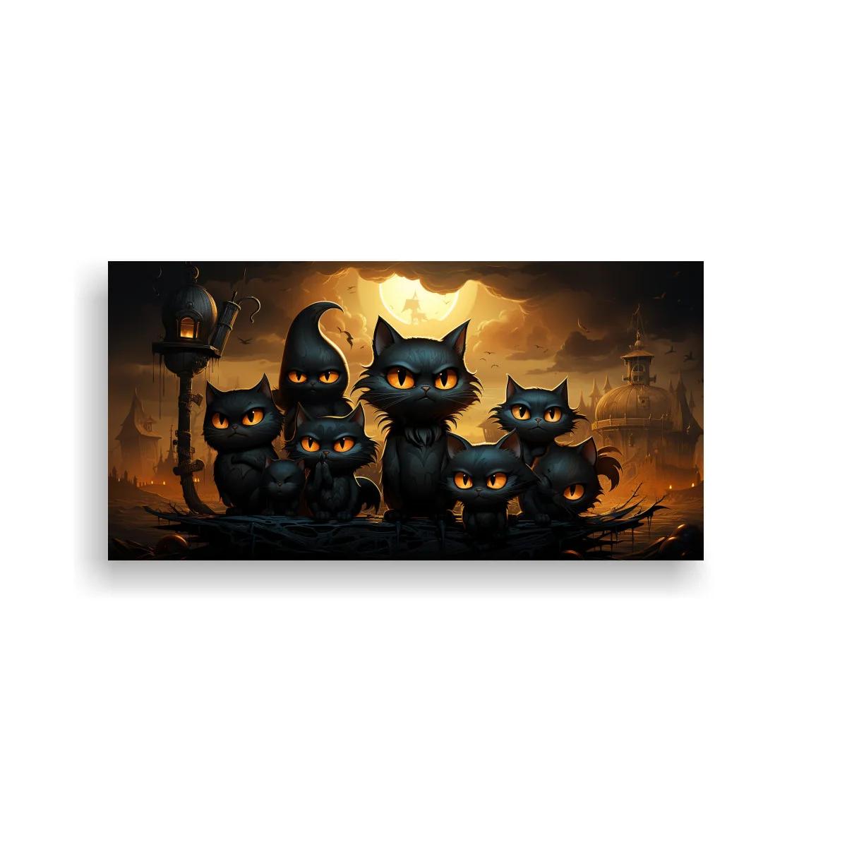Cuadro grupo de gatos negros con farol antiguo