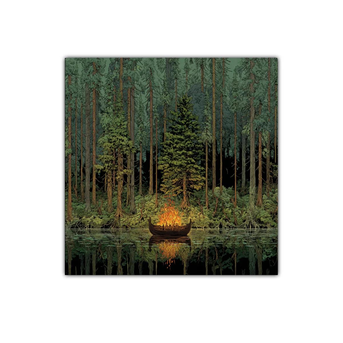 Bosque profundo con barca en fuego sobre agua tranquila — imagen principal