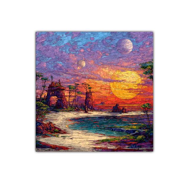 Paisaje Onírico con Dos Lunas al Atardecer