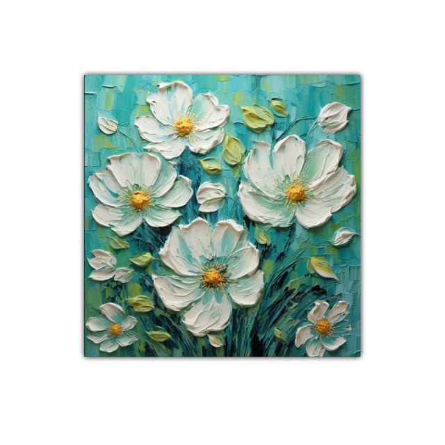 Cuadro floral con flores blancas sobre fondo turquesa