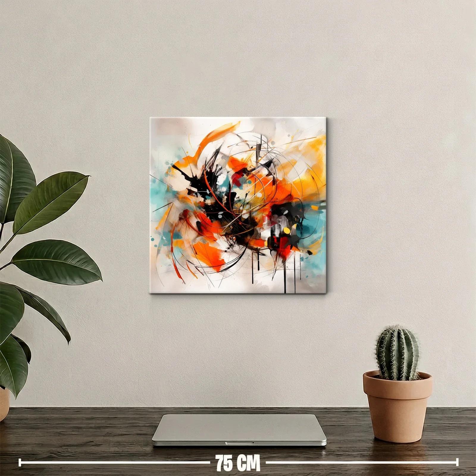 Cuadro abstracto con trazos vibrantes en naranja y turquesa — miniatura 2