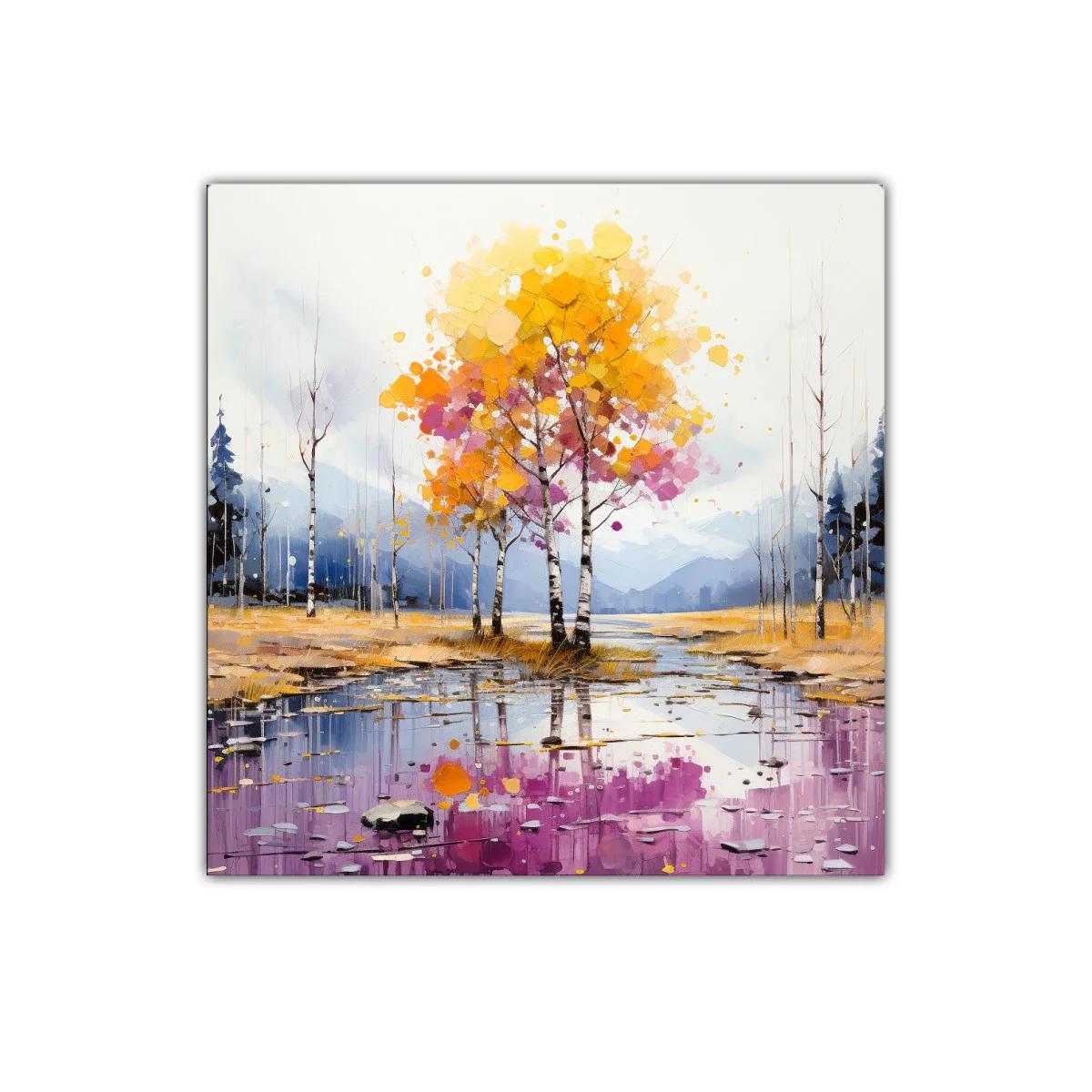Paisaje otoñal con árboles de tonos cálidos y reflejos — imagen principal