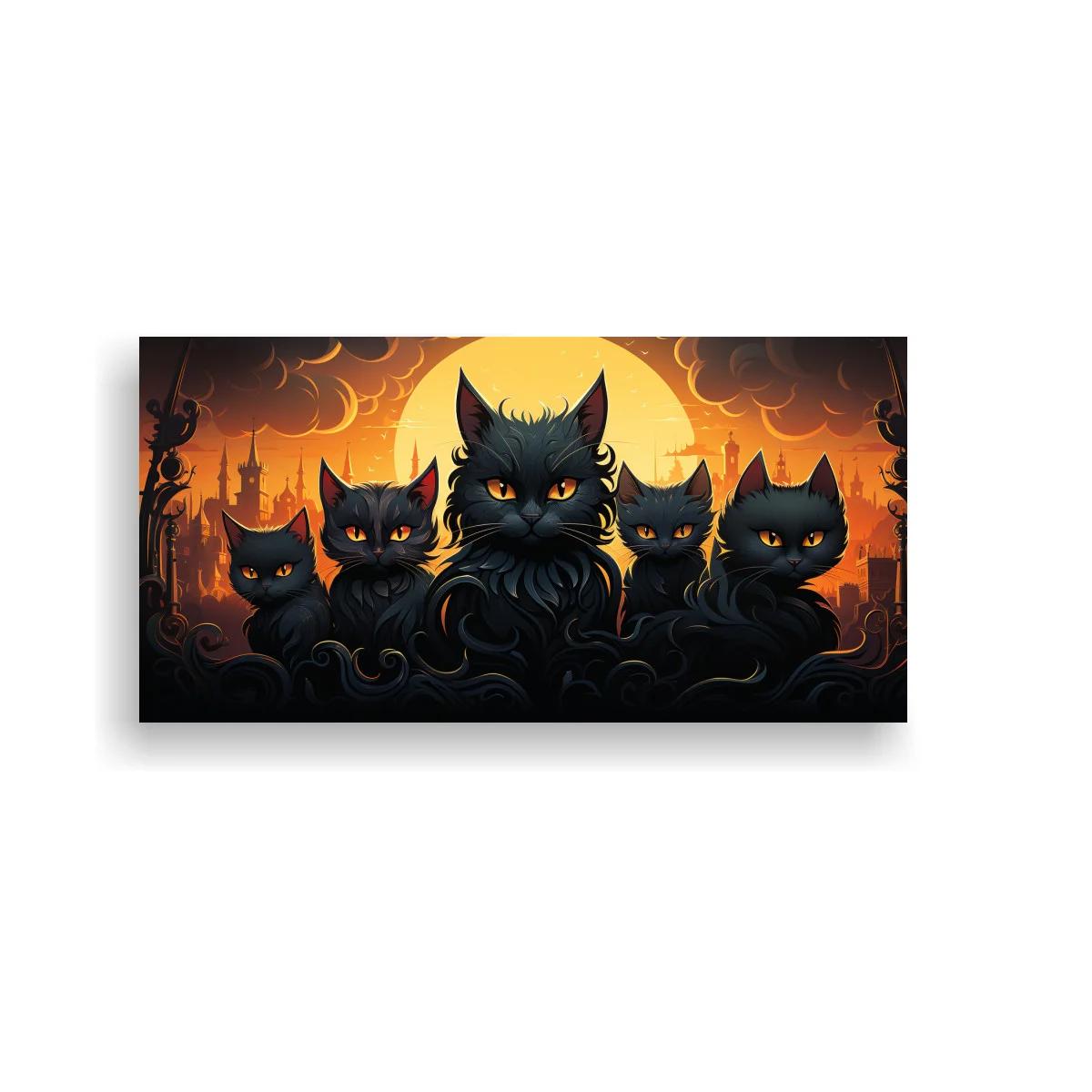 Cuadro grupo de gatos negros con luna grande y siluetas góticas — imagen principal