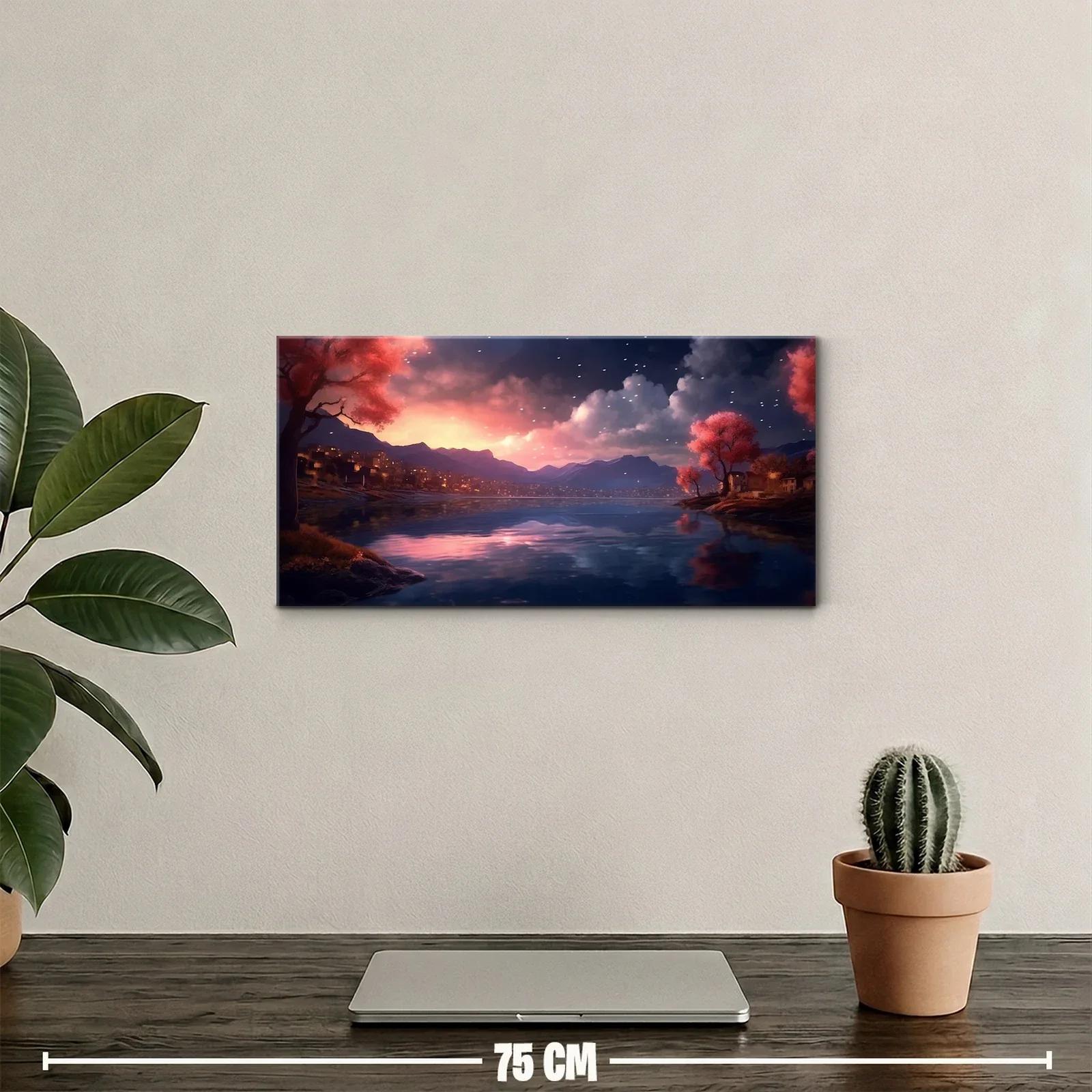 Cuadro lago al atardecer con casas iluminadas — miniatura 2