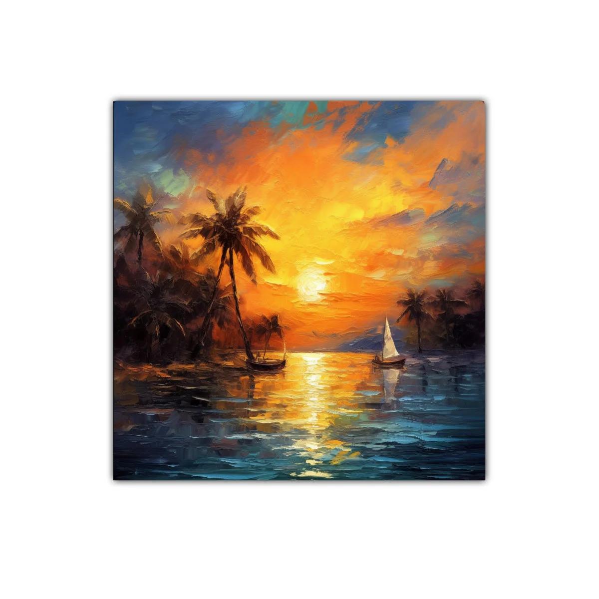 Atardecer tropical con palmeras y barco de vela sobre el mar — imagen principal