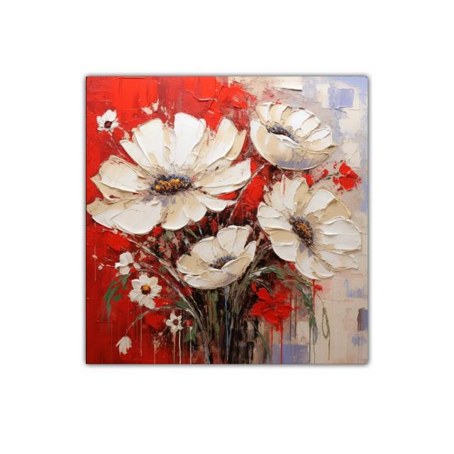 Flores blancas sobre fondo rojo intenso y texturas vibrantes