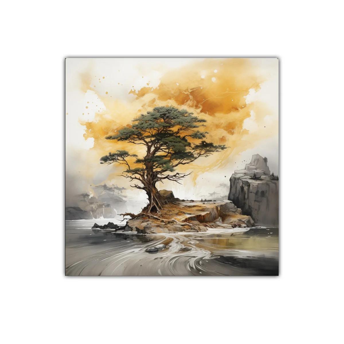 Árbol solitario sobre isla en paisaje sereno y cálido — imagen principal
