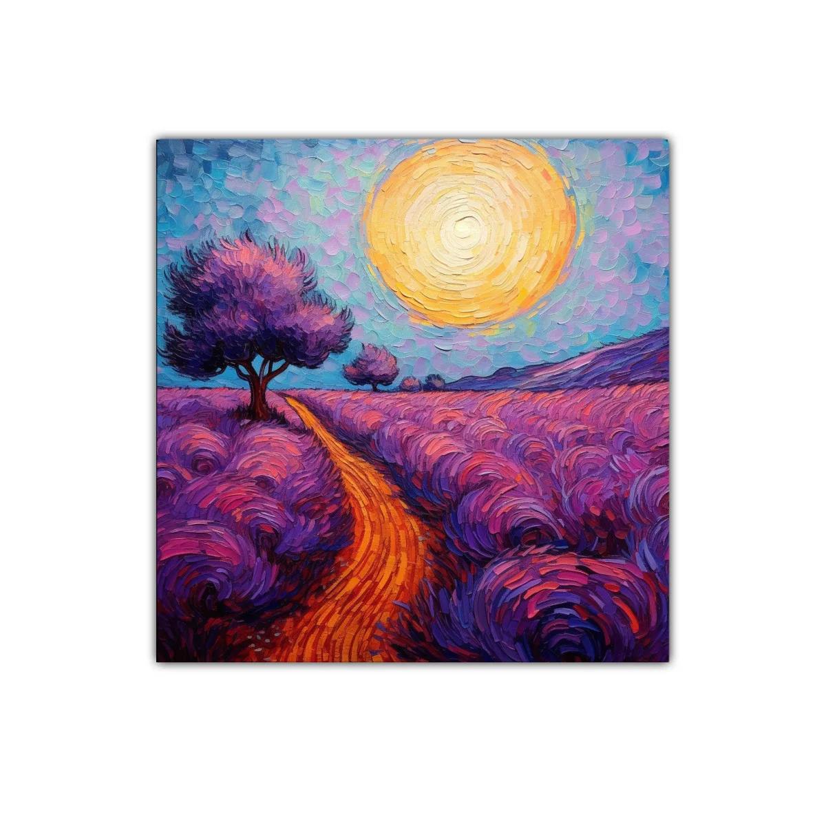 Paisaje vibrante con camino y árboles en tonos cálidos y púrpuras — imagen principal