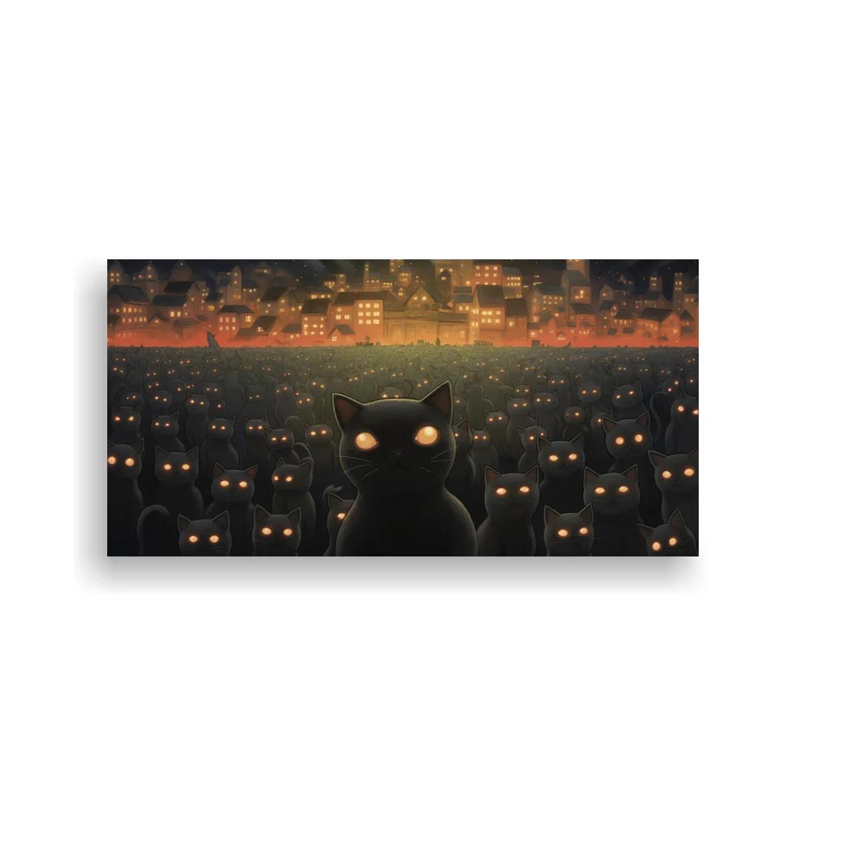 Cuadro gato negro con ojos brillantes frente a una ciudad iluminada
