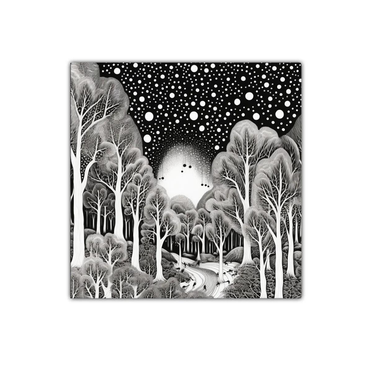 Bosque mágico bajo un cielo estrellado en blanco y negro