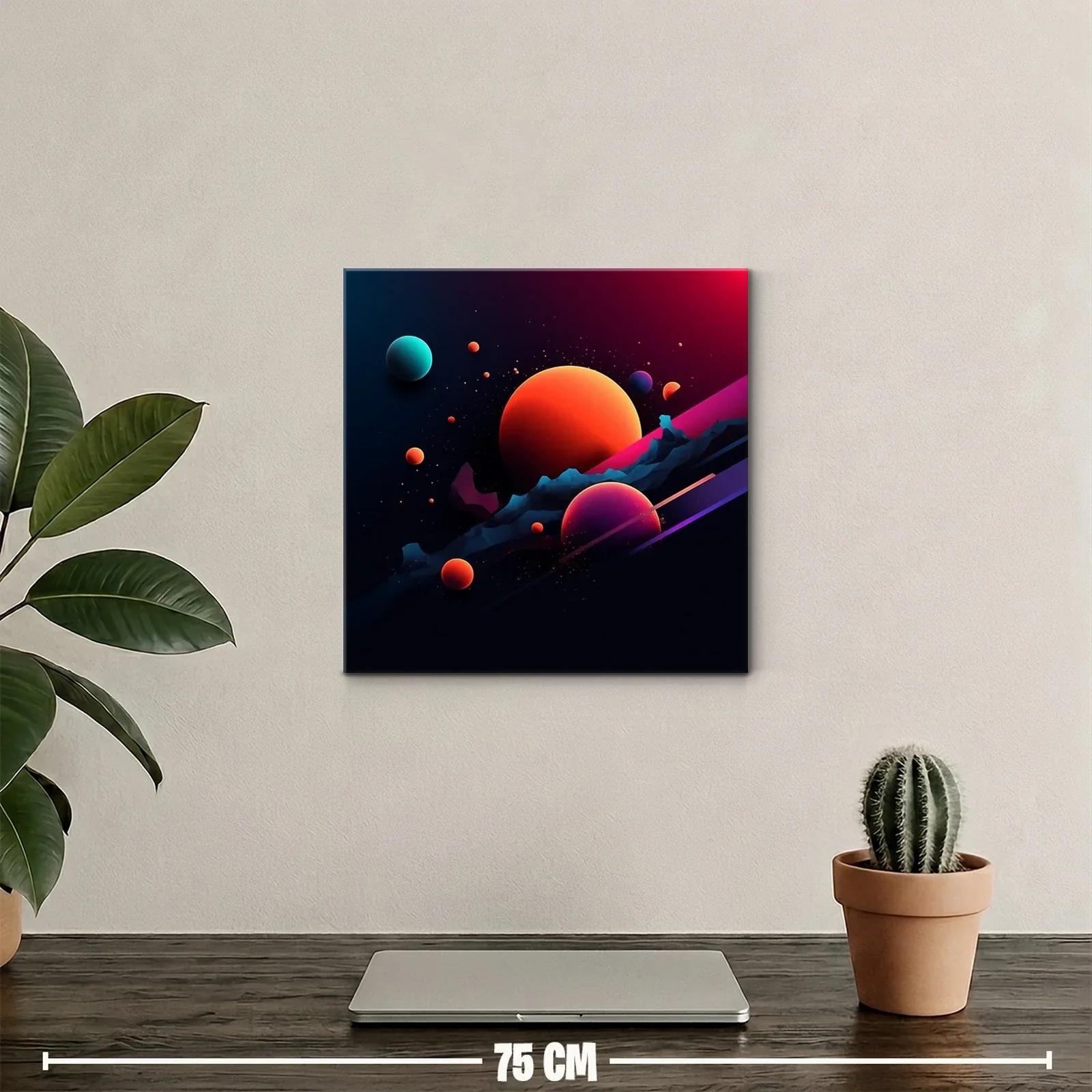 Cuadro abstracto con planetas vibrantes en espacio oscuro — miniatura 2
