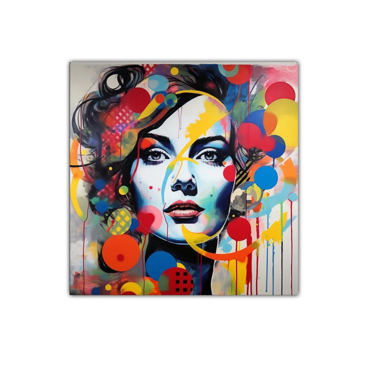 Rostro femenino con explosión de color y formas abstractas