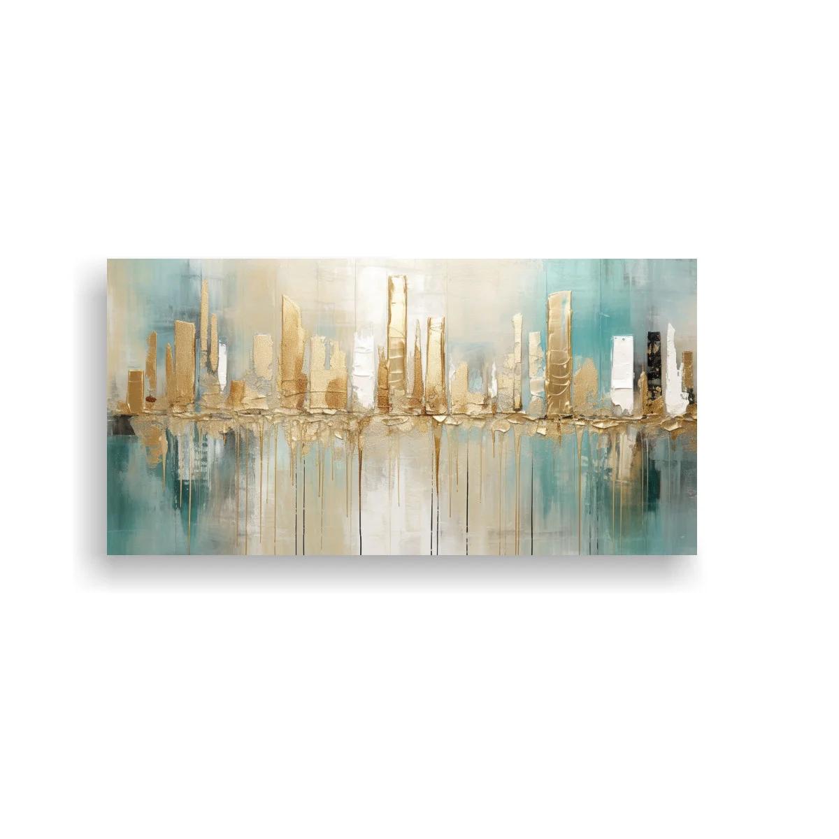 Cuadro skyline urbano abstracto con goteos dorados