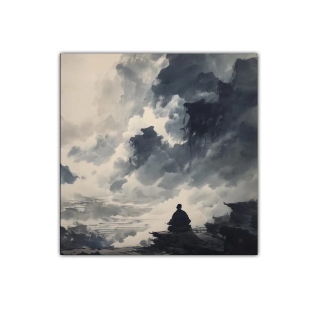 Paisaje contemplativo entre nubes y montañas en gris