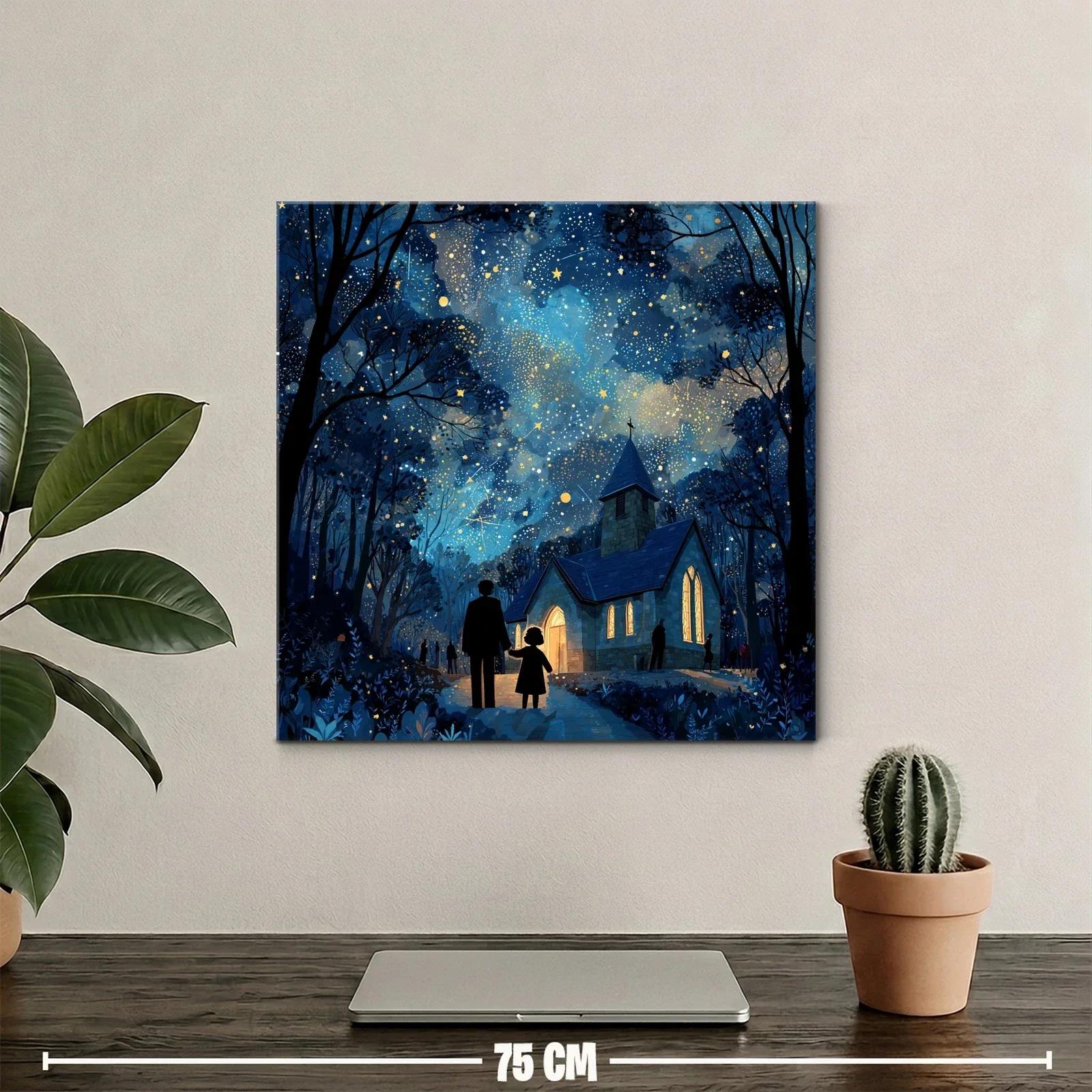Nocturno encantador con iglesia iluminada bajo cielo estrellado — miniatura 2