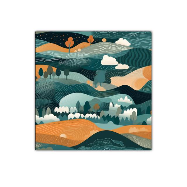 Paisaje abstracto con colinas onduladas y árboles coloridos
