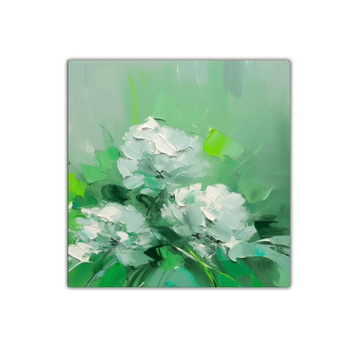 Cuadro decorativo con flores blancas sobre fondo verde