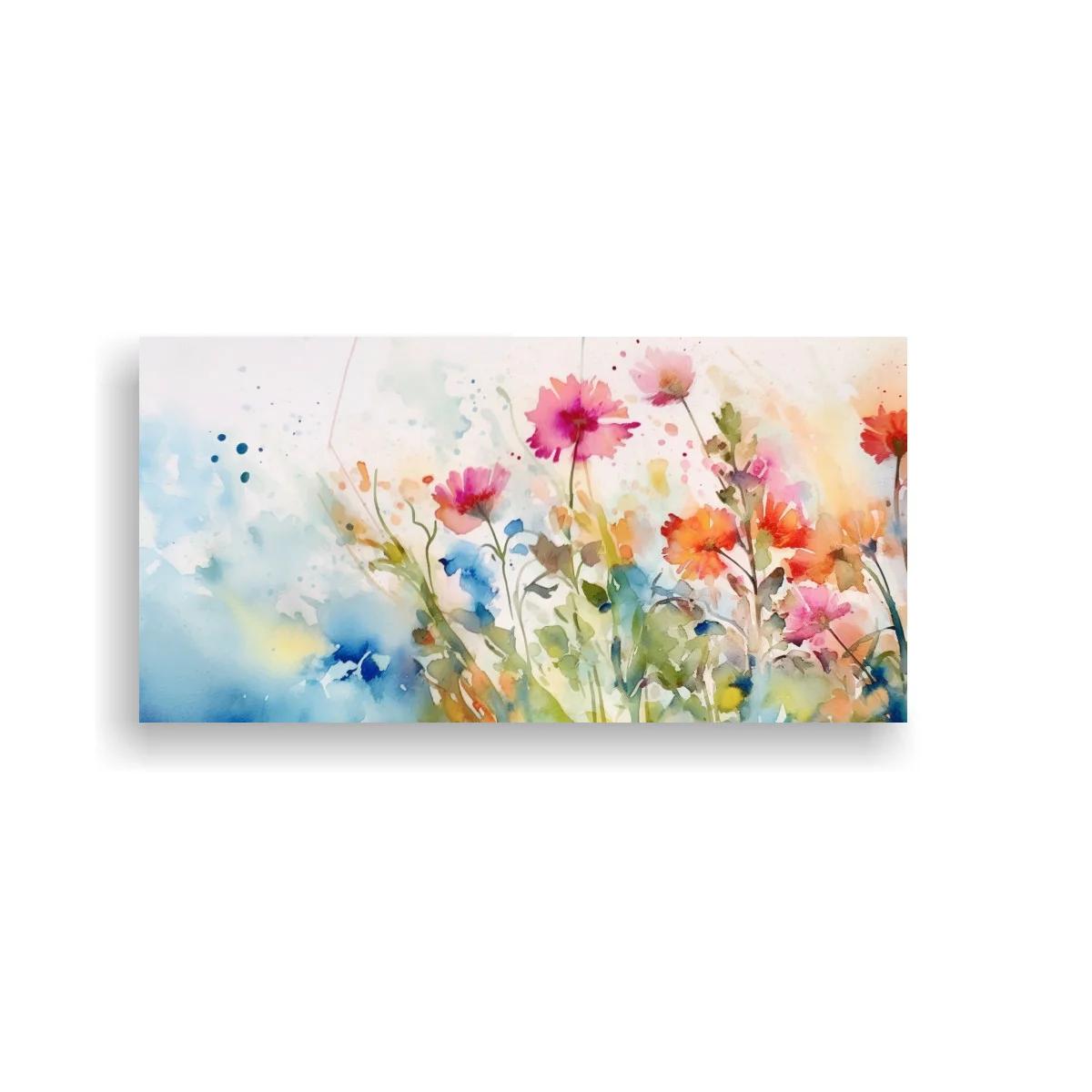 Cuadro flores silvestres en acuarela con tonos rosa naranja y azul