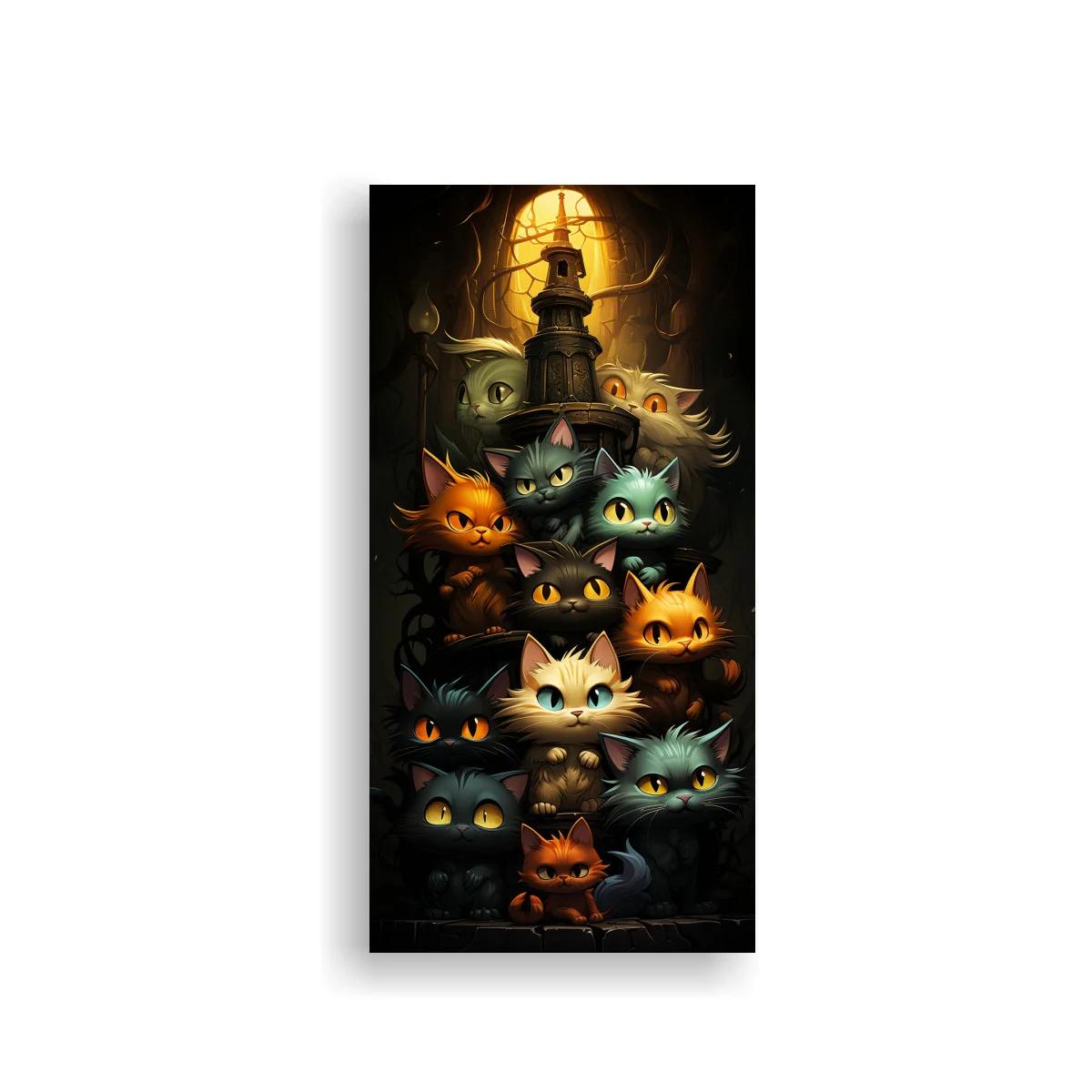Cuadro grupo de gatos de ojos brillantes con farol encendido