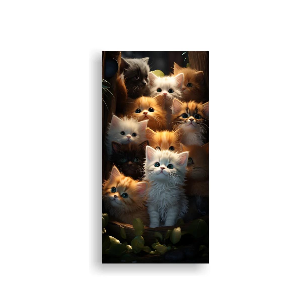 Cuadro grupo de gatitos peludos con un gatito blanco destacado