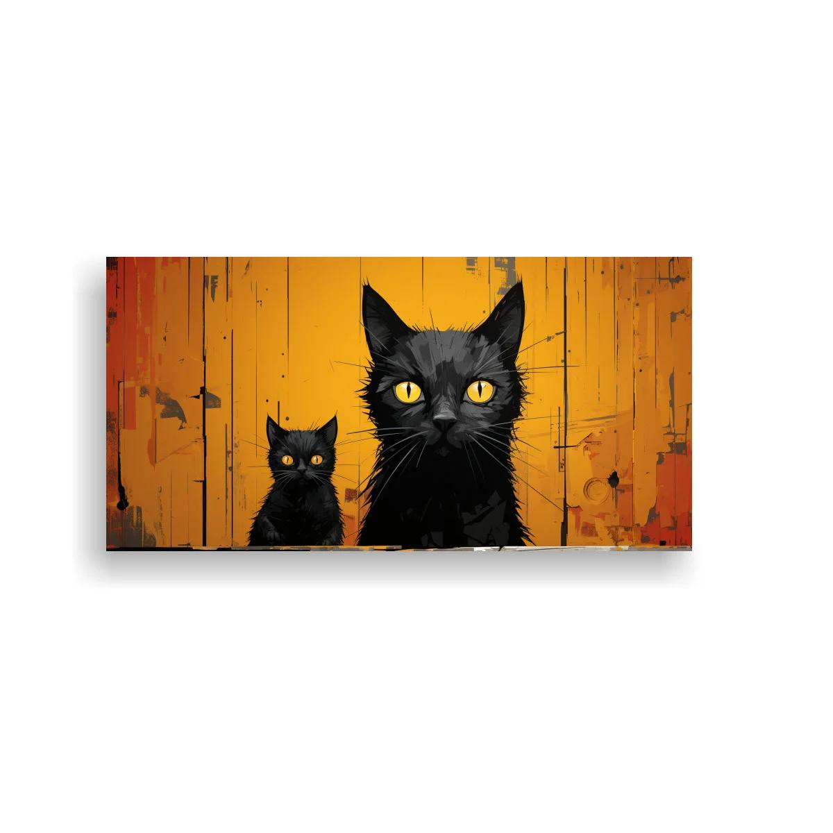 Cuadro gato negro sobre un fondo de tablones verticales