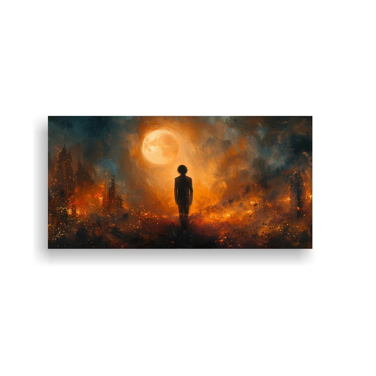 Cuadro figura humana solitaria ante luna llena y humo — imagen principal